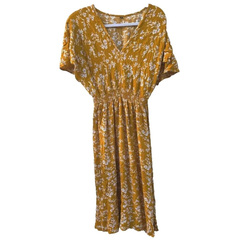 Women Dress Marigold Mustard Yellow White Floral Print Ruffle Long Summer V-Neck
